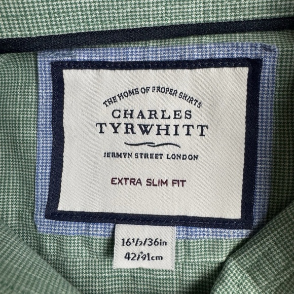 SOLD Charles Tyrwhitt Shirt Mens 16.5 36 Slim Fit Button Up Houndstooth Green - Picture 3 of 9